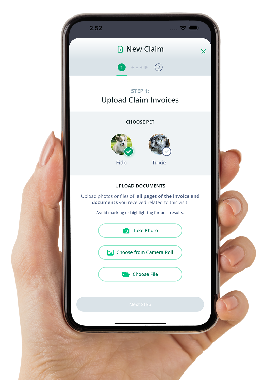 Mobile phone showing claim process on the Healthy Paws app